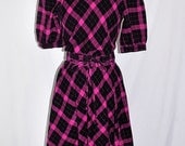 Vintage 80s Hot Pink Flannel Dress Puff Slvs belted M