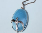 Sterling silver bird pendant, blue cat eye pendant silver