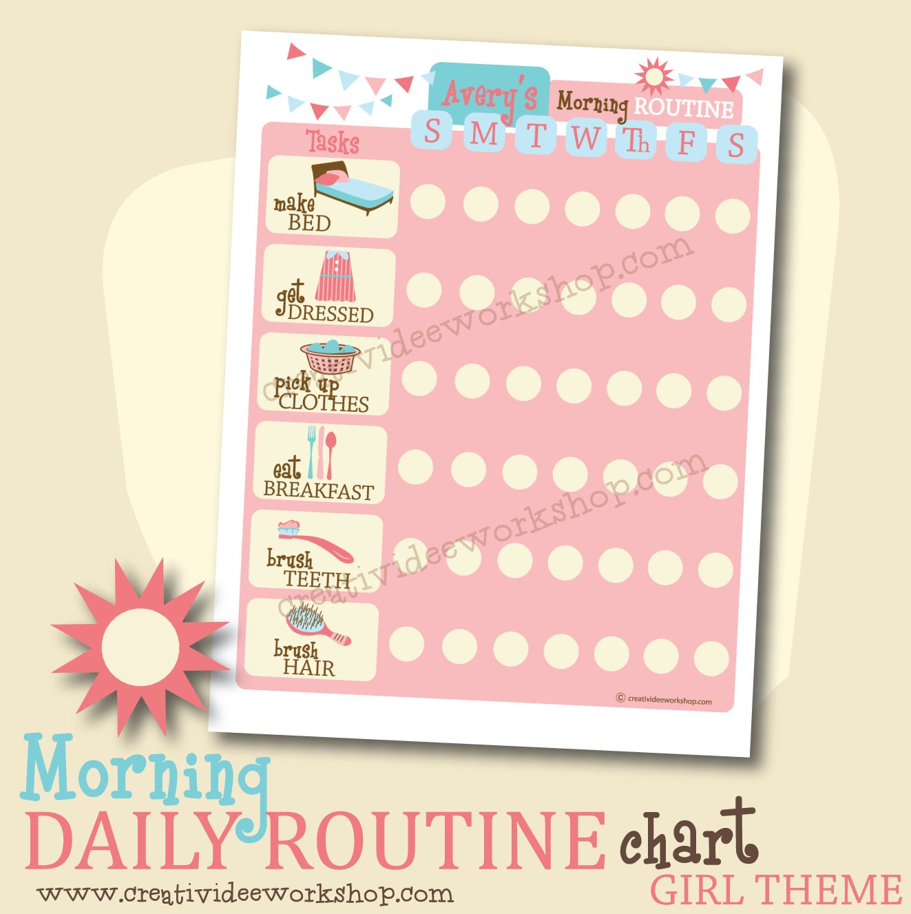 Custom Printable -  DAILY Morning Routine Chart - Girl Theme