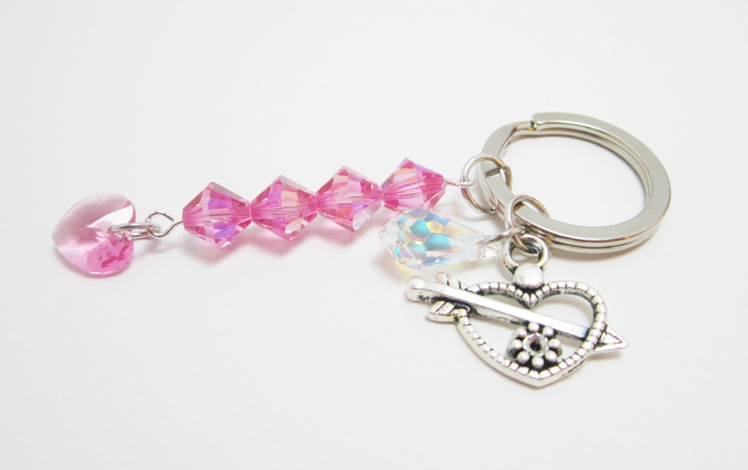Pink Swarovski Heart Bicone and Teardrop Pendant Sweetheart Keychain