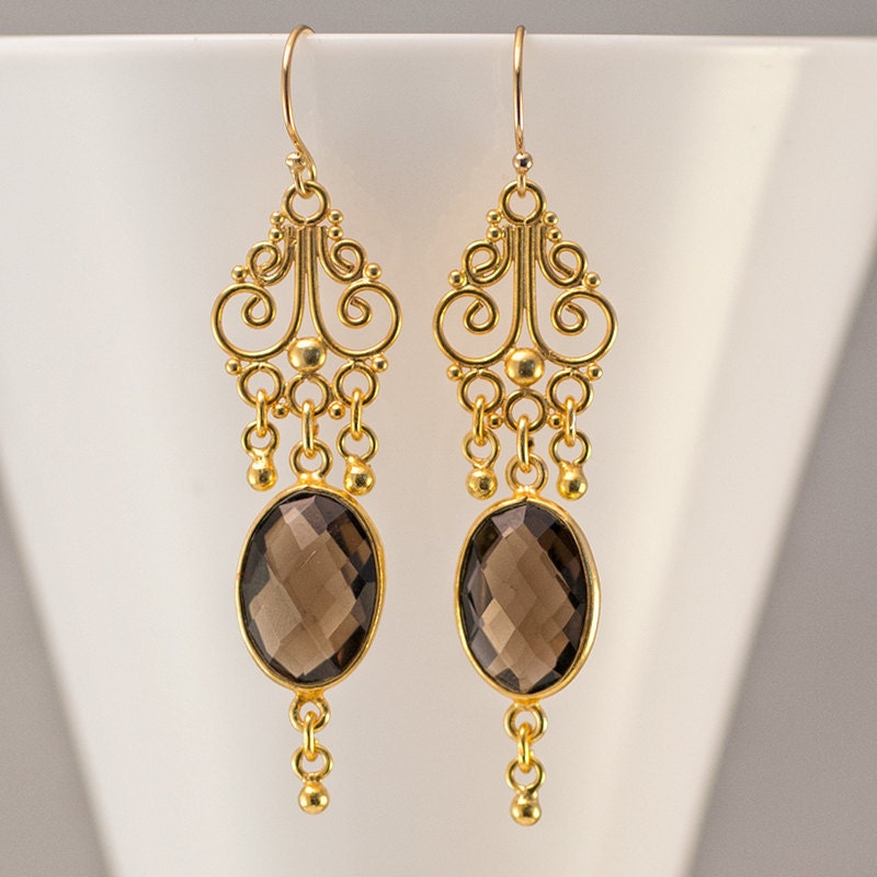 Smokey Quartz Earrings - Chandelier Earrings - Statement Jewelry - Bridal Earrings - Gold Earrings