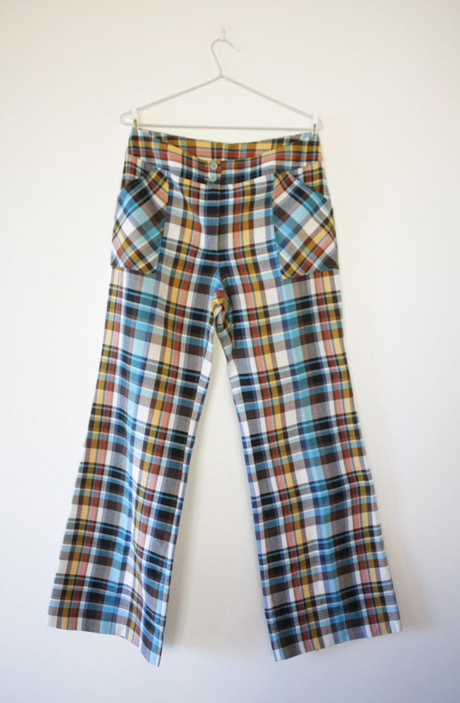 Magic Man Check 70s Bell Bottoms, High Waisted Flares Vintage Hippy The Brady Bunch