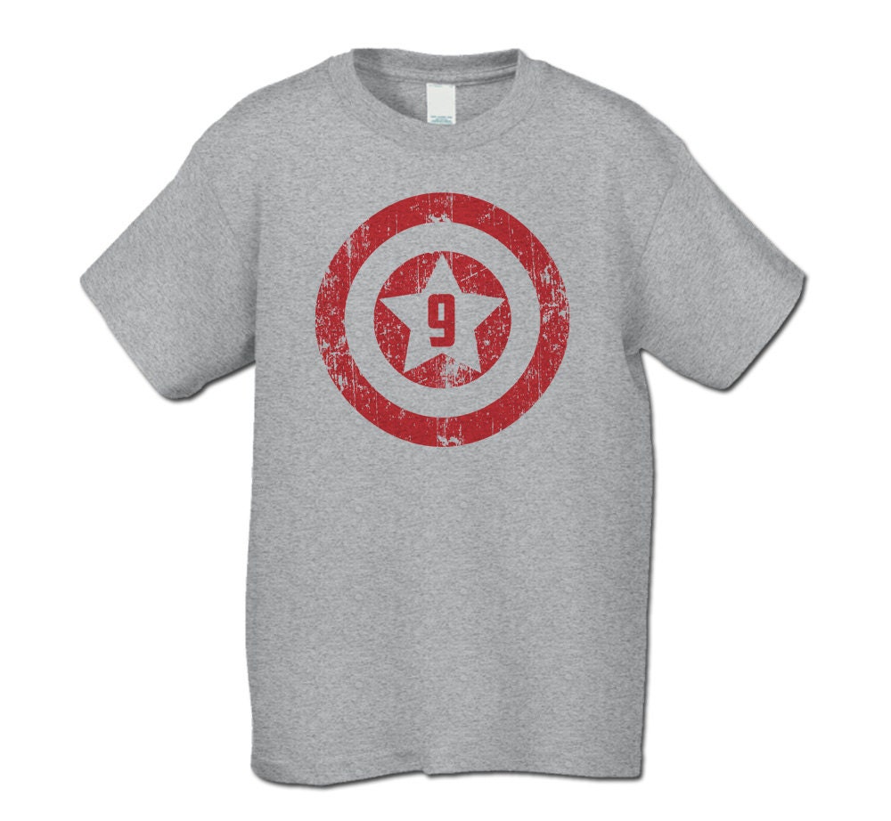 9th Birthday Shirt  -  American Superhero Birthday Party  Distressed TShirt - Number 9 Shirt   (CA 9   Red Ink)