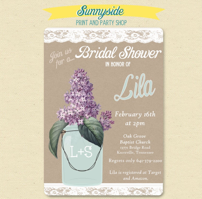 Lace Mason Jar - Lilacs - Bridal Shower Party Invite Printable Il_170x135