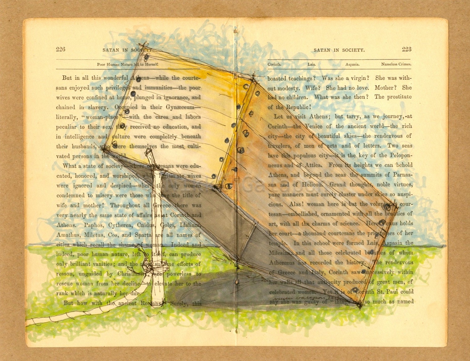 Trap: original drawing on vintage book page with blue green yellow grey and brown