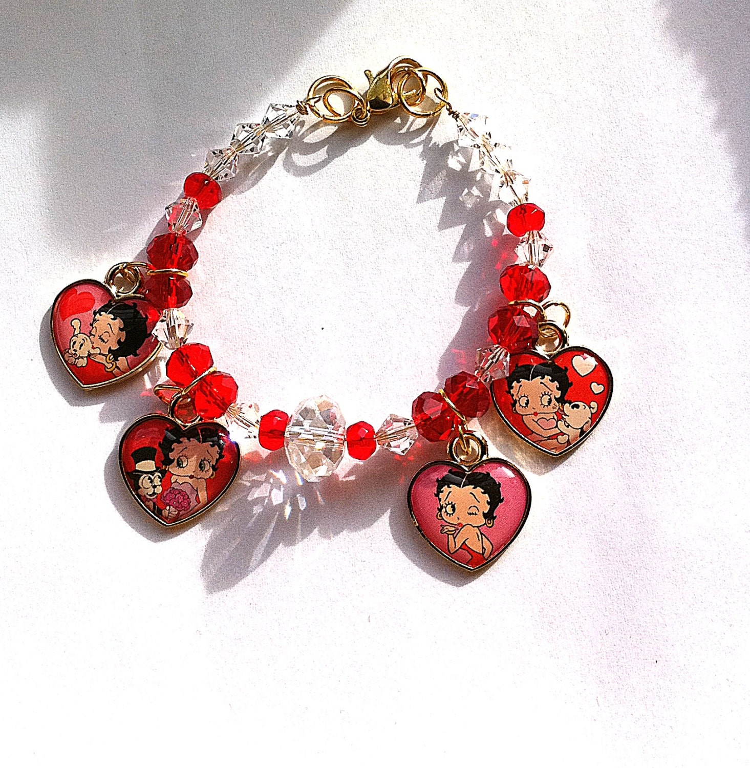 Betty Boop collectable heart charm bracelet in red and clear crystals