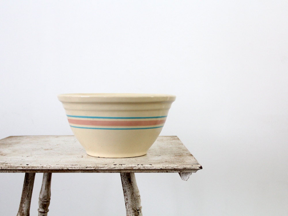 Vintage McCoy Stoneware Bowl / 12" Bowl / Pink & Blue Stripe
