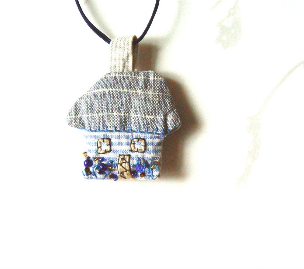 Home Necklace Small House Embroidered Statement Pendant textile jewelry BLUE neutral little house