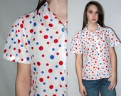 Summer spot ... vintage 70s polka dot blouse / button up 1970s / peter pan collar / short puff sleeve shirt / secretary nautical ...  M L