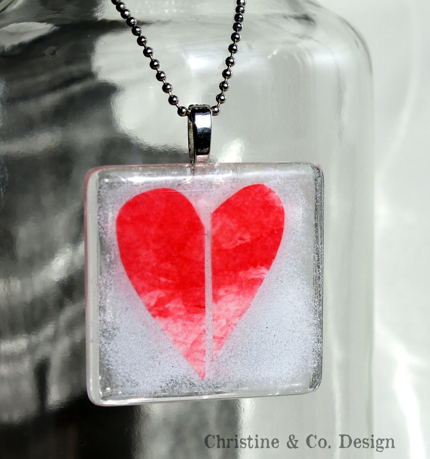 Red and White Heart on White Square Glass Pendant