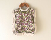 Floral Crewel Tote Large Embroidered Bag Vintage 1960s Cream Canvas Pink Green Straw Handles