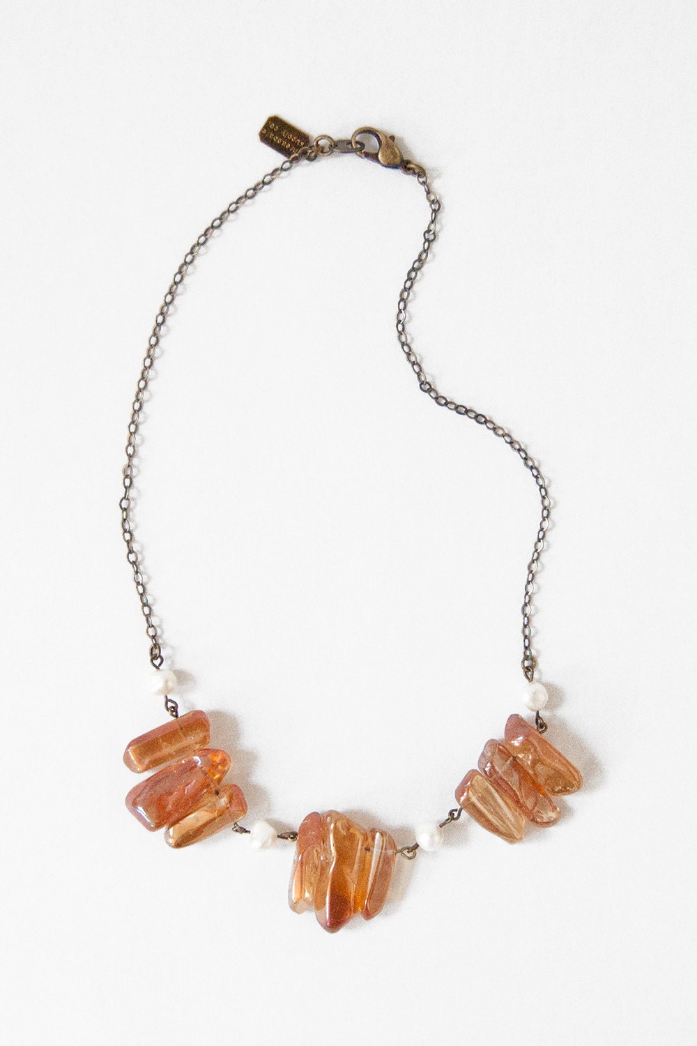 Quartz Collar Necklace - Peach-colored quartz crystals accented with fresh water pearls