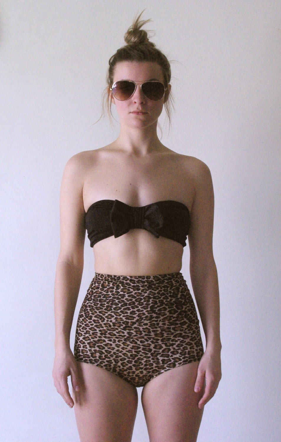Leopard print High Waisted bottom bikini retro cut vintage swimsuit