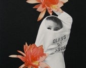 Original Paper Collage, Pom Poms, Black, White and Coral Floral Collage