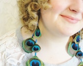 Elegant Mystery- Long Chain Dangle Peacock Feather Earrings- Cruelty Free Feathers- Crystal Beads- Handmade