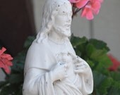 Vintage Cement Sacred Heart Statue, Jesus, White Garden Statue