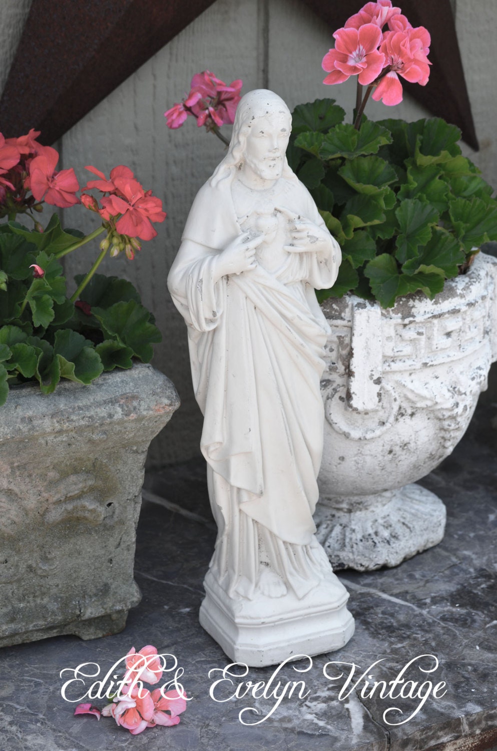 Vintage Cement Sacred Heart Statue Jesus White by edithandevelyn