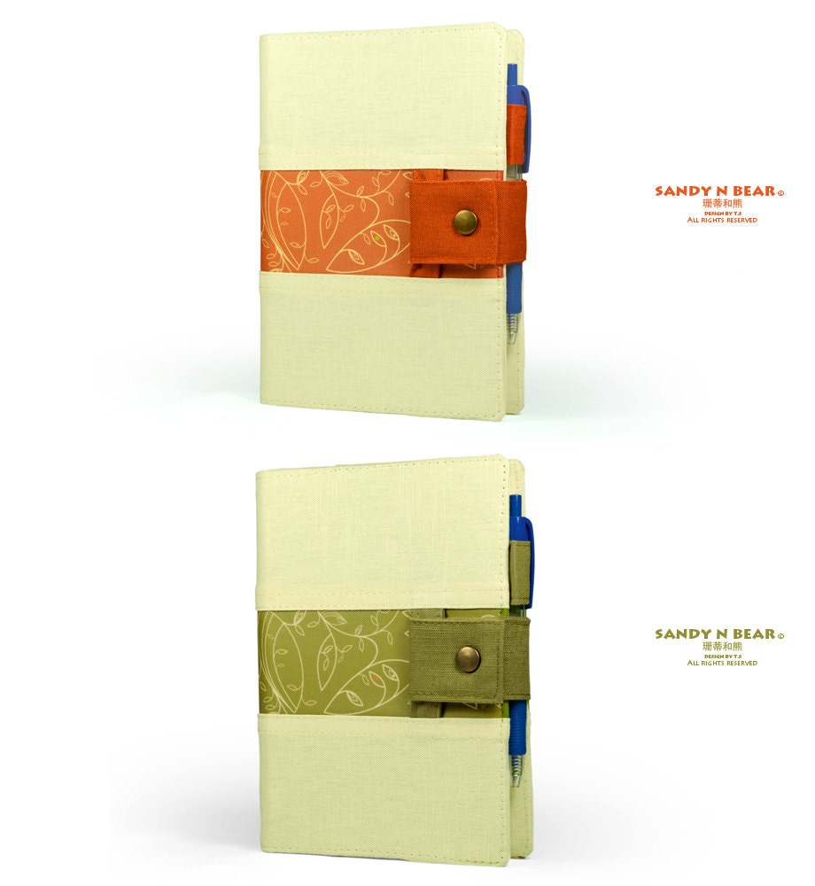 Design Journal / Notebook - Dancing Leaves ( 2 Colors / Hardcover / Cotton yarn / Olive green / Orange )