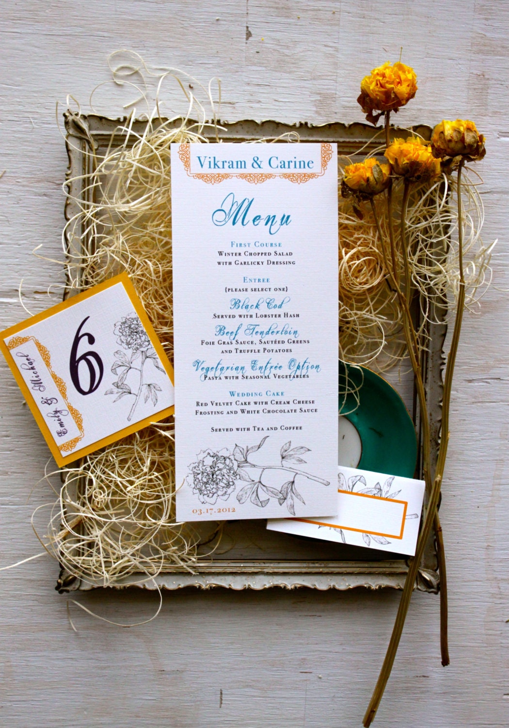 Yellow & Gray Peony - Menu Card, Place Card, And Table Numbers - Purchase to Start the Ordering Process