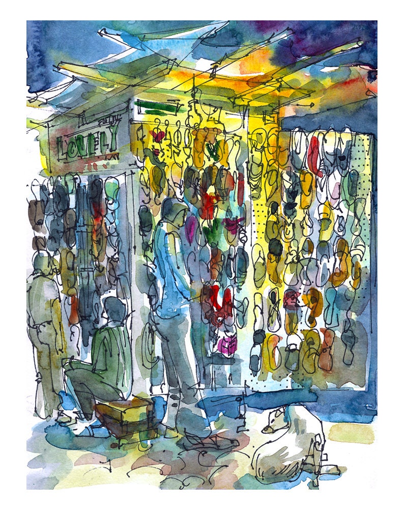 India sketch Shoe seller,  India 8x10 print from an original  watercolor sketch