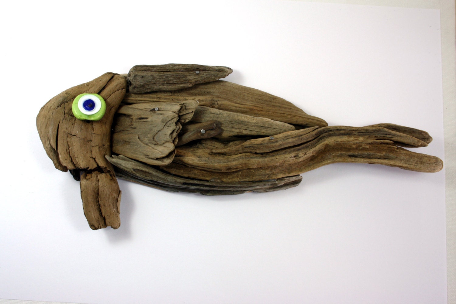 driftwood fish, made from natural driftwood and glass bead " evil eye"...one of a kind unique driftwood decoration...fishing accessory