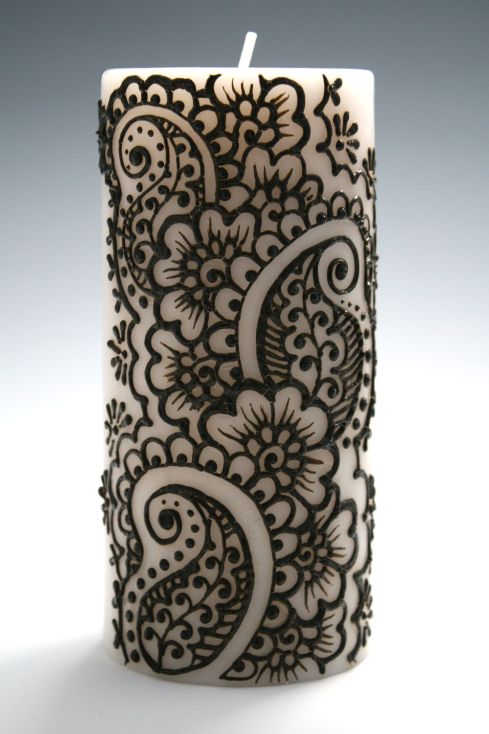 Henna Candle with Intricate Indian Style Design, Paisley and Flowers, White Pillar Candle with Fresh LInen Scent