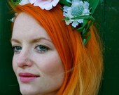 Floral headband or garland Large Pink Rose & Ivory scabiosa spary.