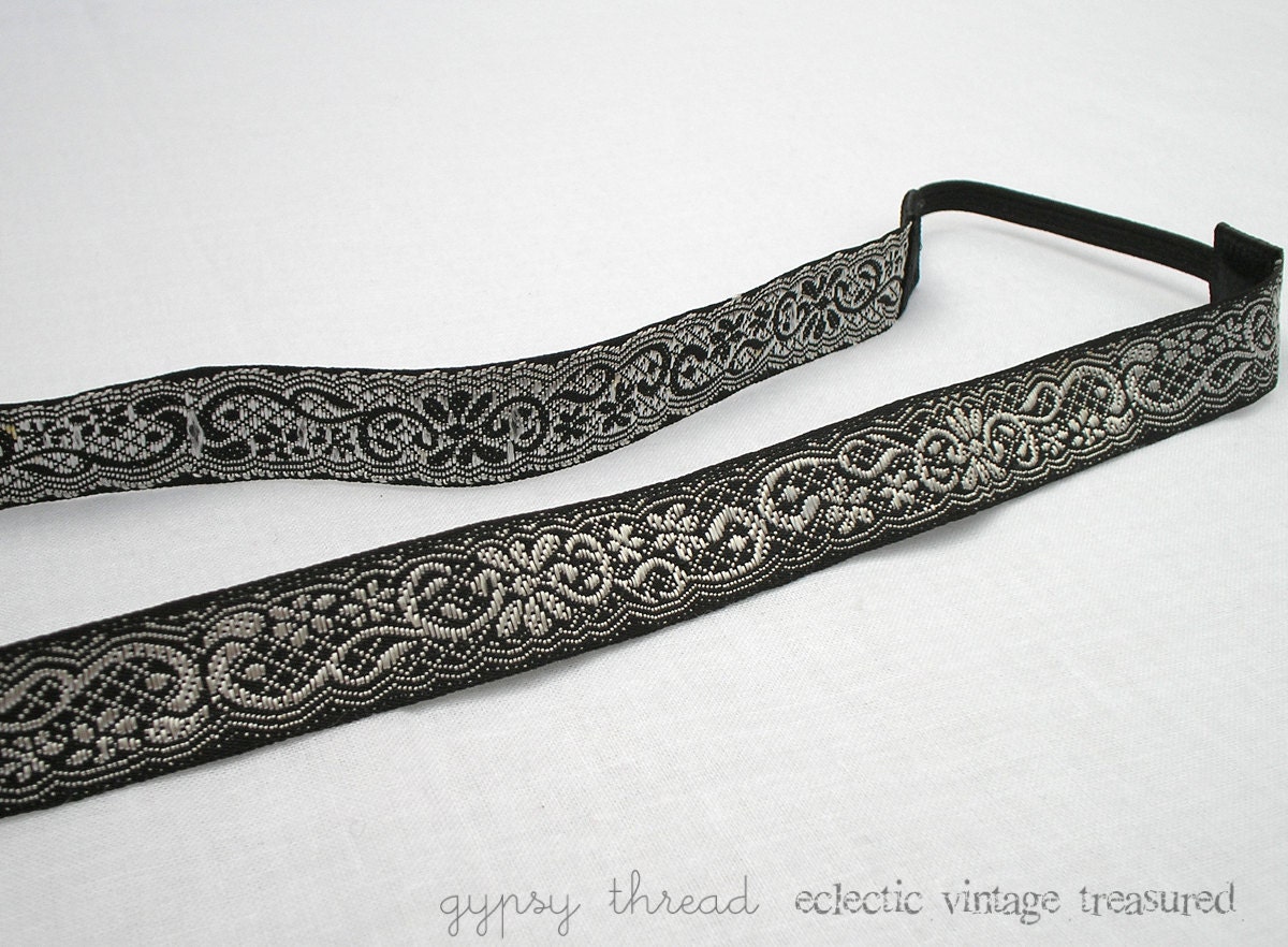 Black and White Floral Ribbon Headband, Comfortable, Elastic Back, Sized for Adults or Teens