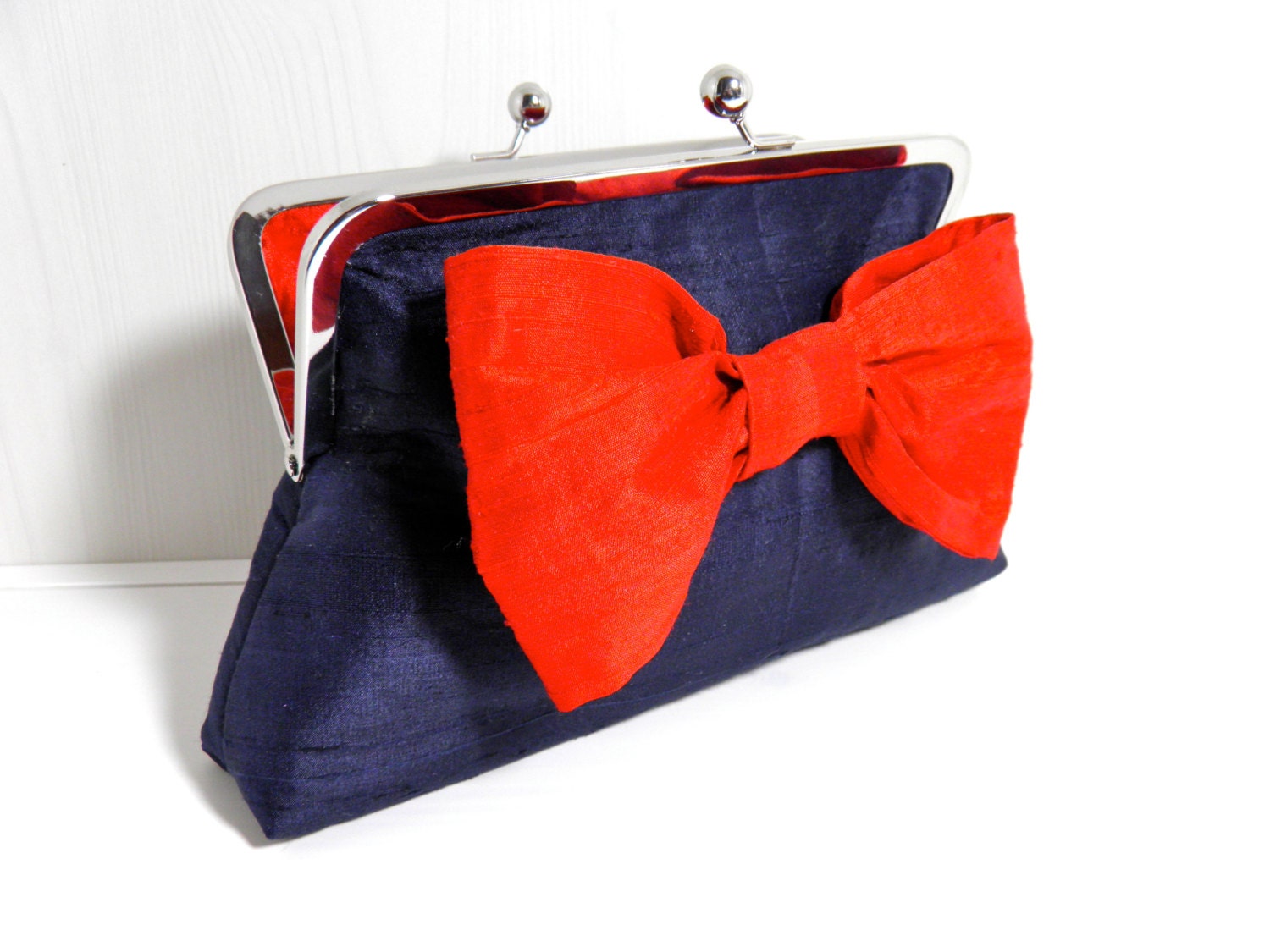 8" Navy Blue Silk Clutch with Red Bow