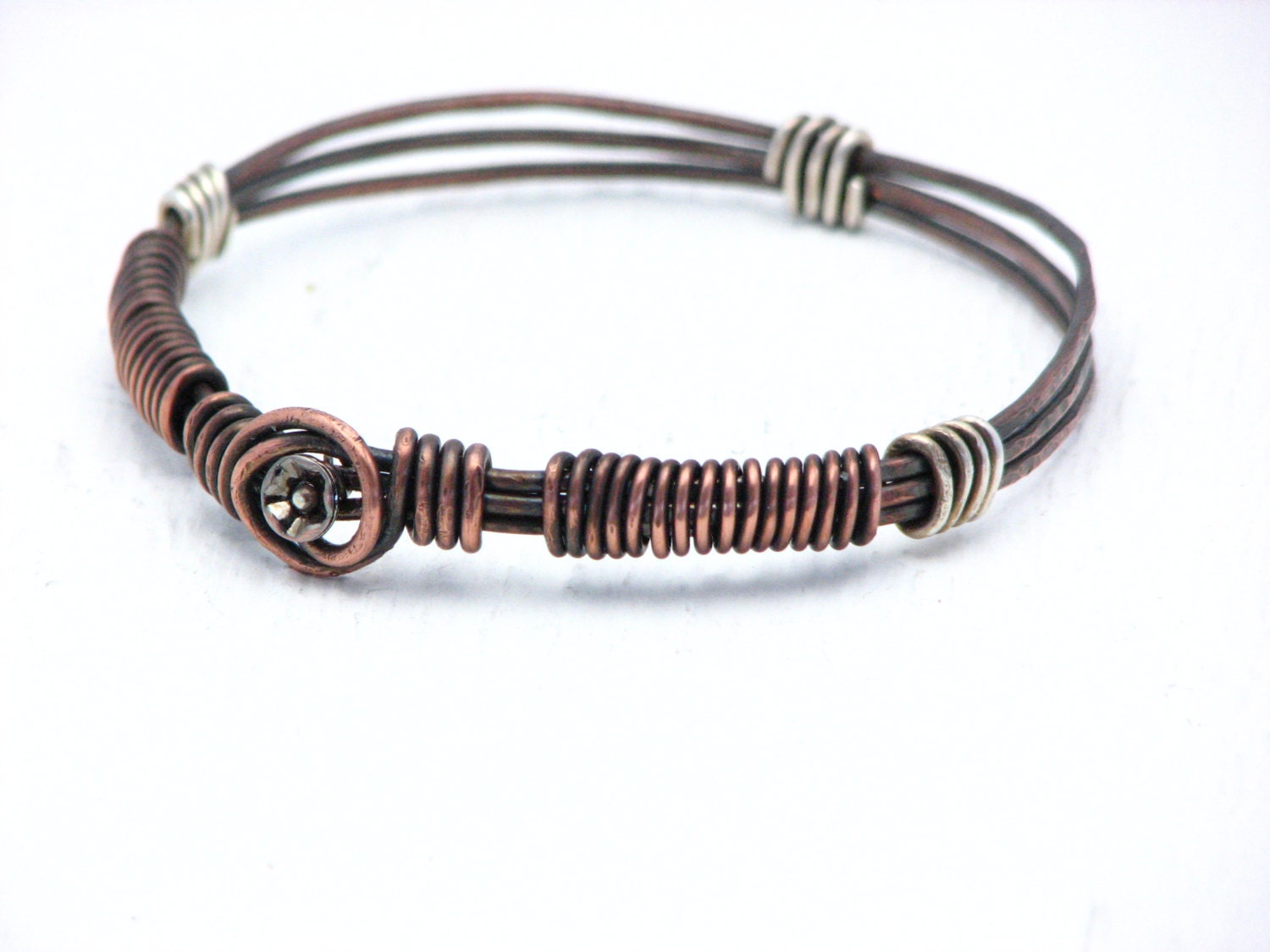 Copper Bangle Jewelry Wire Wrapped Handmade Mixed Metal Bracelet