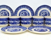 Vintage Blue Willow Pattern Royal USA China Asian Love Story Coffee Cups and Saucers: Set of Seven
