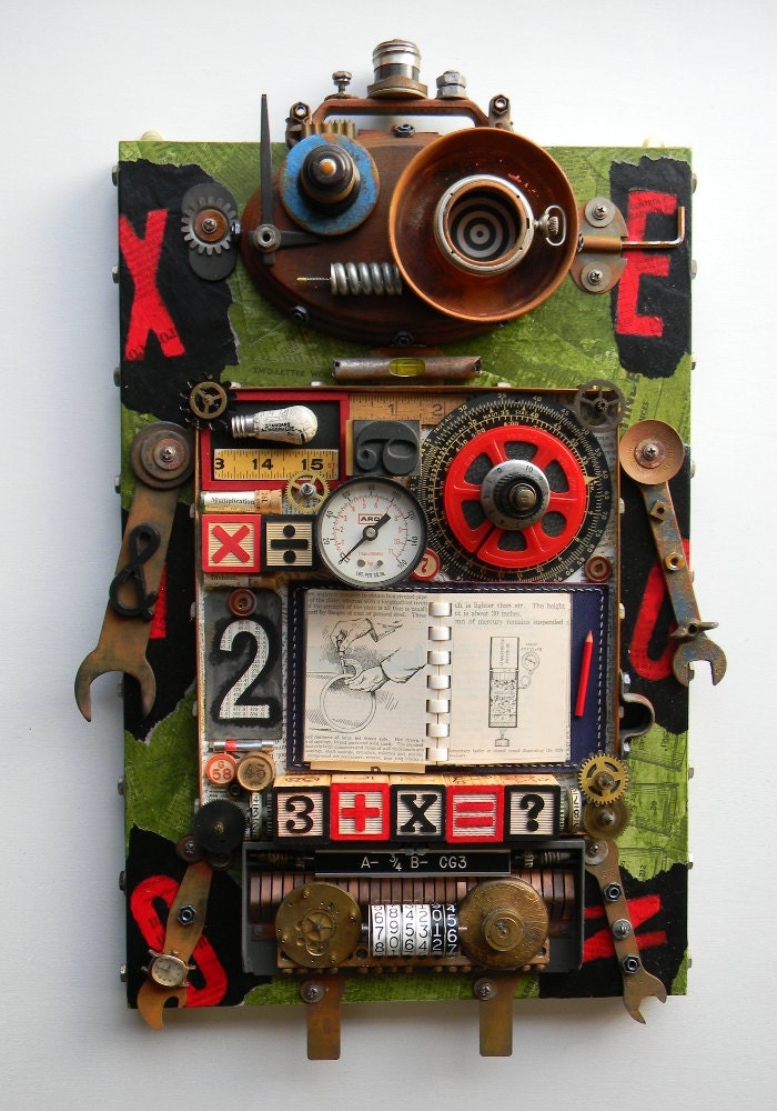 Recycled Art Assemblage  -   "Algebra is Hard Bot"  -  Original Mixed Media