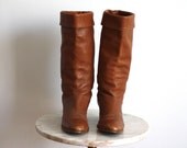 FRYE Boots Leather Brown High Heeled Cuffed Campus - Women's 8 8.5 - 1990s VINTAGE