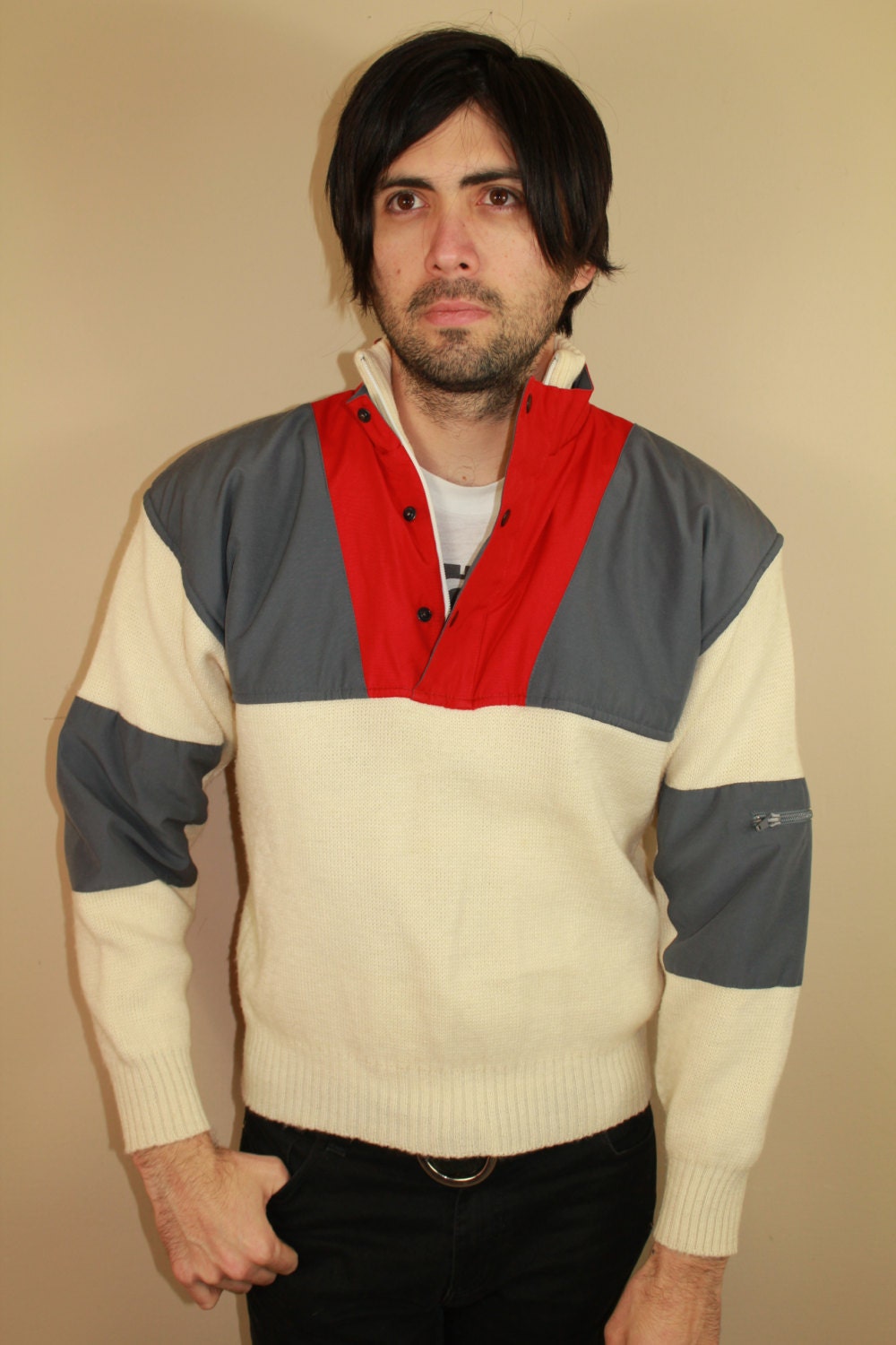 SALE Mens Ivory Grey & Red Snap Collar Wool Knit Ski Sweater