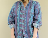 90s NO FEAR Navajo Style Print Snap Button Down Hoodie Flannel Shirt