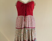 70s Young Edwardian Burgundy Floral Corset Tie Sun Dress