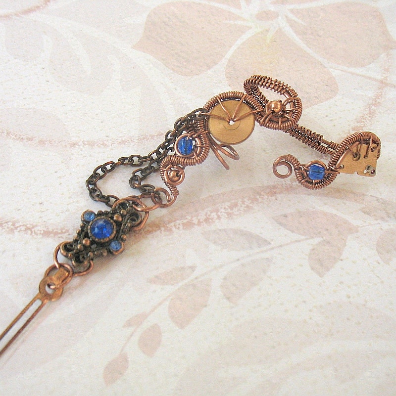Steampunk Ear Cuff Wrap With Royal Blue Beads And Chains