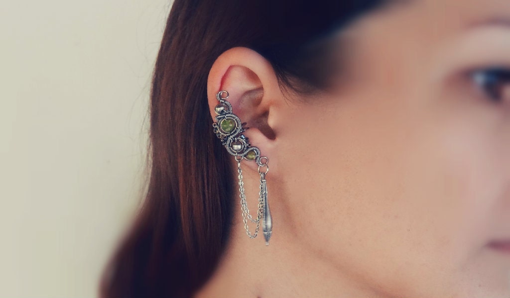 Floral Ear Cuff With Chains, Gemstones And Victorian Charm
