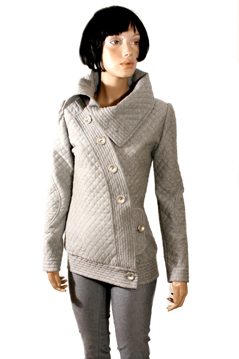 GRAY jacket, SPRING jacket, buttoned, tailored, lightly padded jacket, MoD,sports jacket, diagonal buttons, hoody,high collar,contemporary