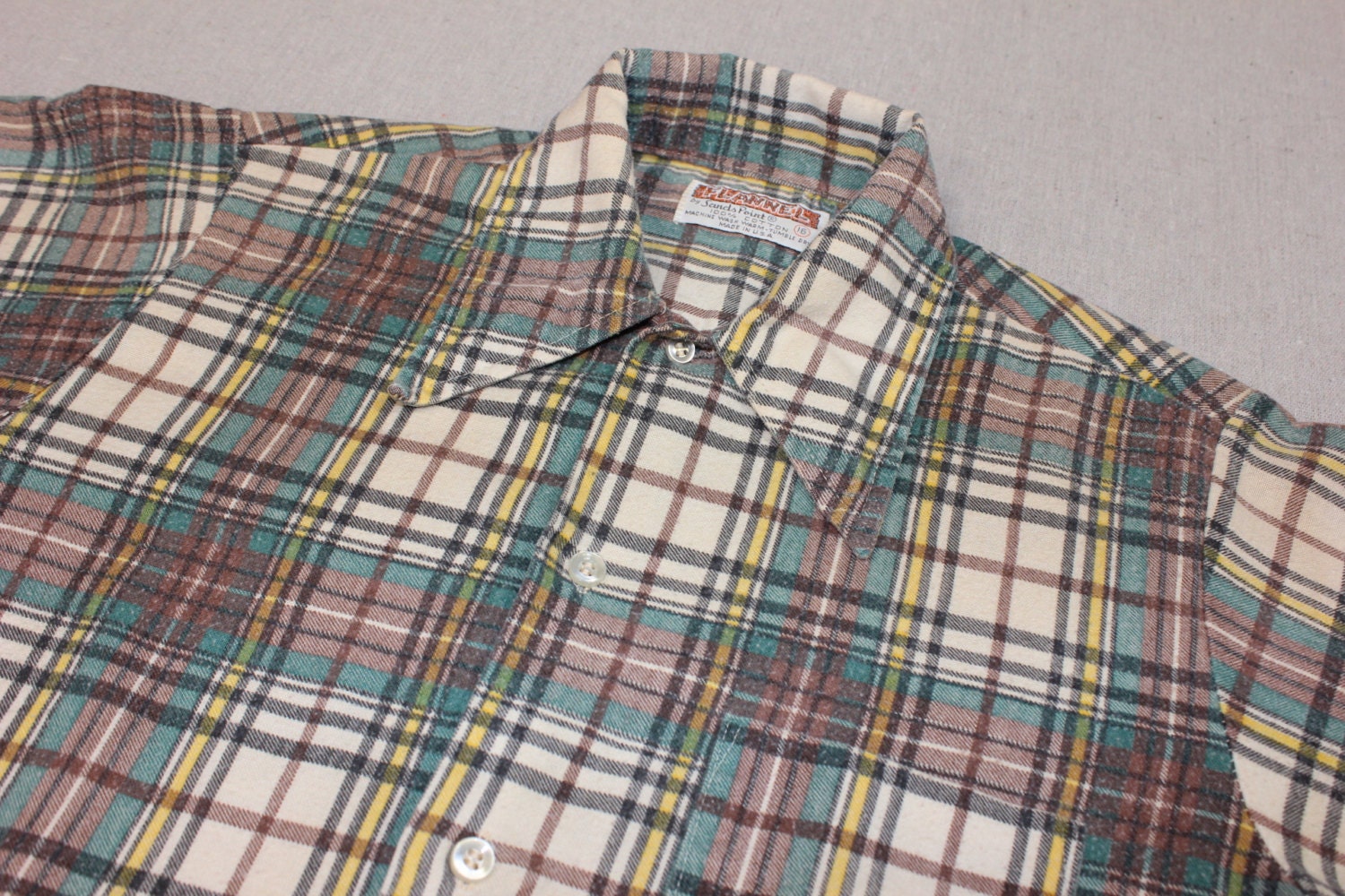 Kid stuff...vintage 1960's long sleeve flannel shirt. Colorful plaid - All Cotton. Boy's Size 16 or Women's Small