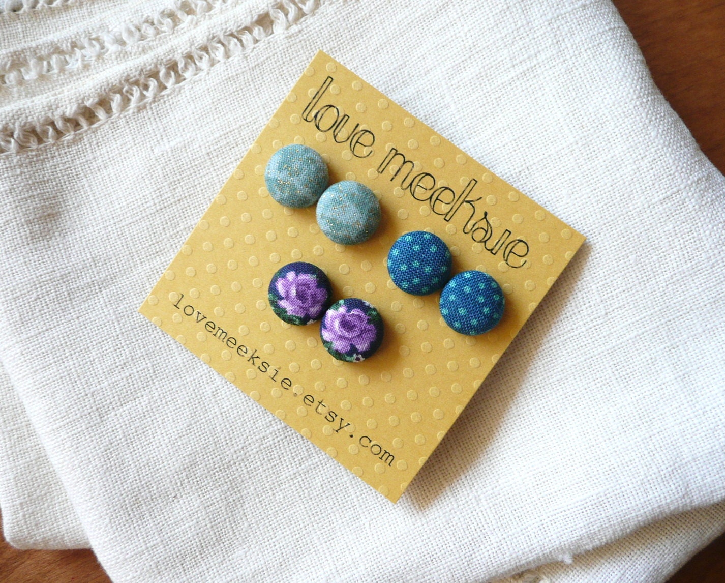 serena, fabric button earrings, studs set of 3 - small 1/2 inch