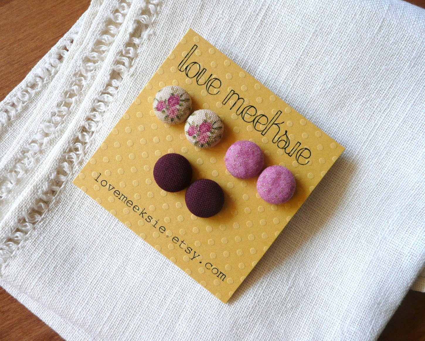 sweet mulberry, vintage inspired fabric button earrings studs - set of 3 - small