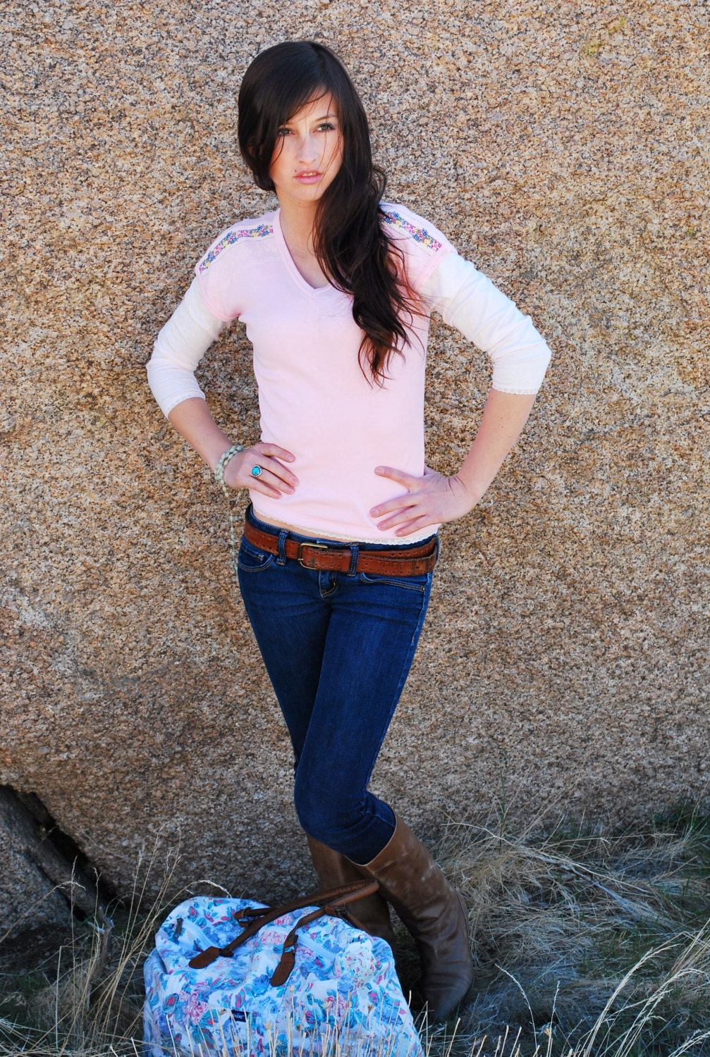 Vintage 70s Organically Grown By Arpeja V-Neck Stretch Printed Shirt Soft Pink Small