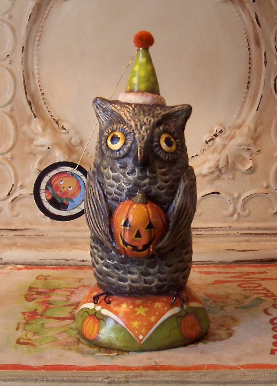 One of a kind Owlbert Hootens Folk Art Halloween Owl  pumpkin jol vintage style Sculpture