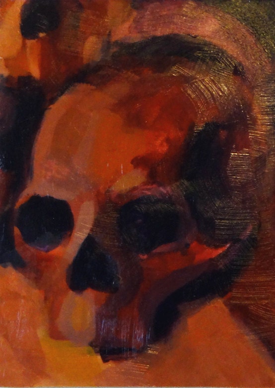 Modern Skull Print - Hand Altered Digital Art Print - Size 5x7 - Wood Mounted Print - Red and Orange Skull Art - One of a Kind - Handmade