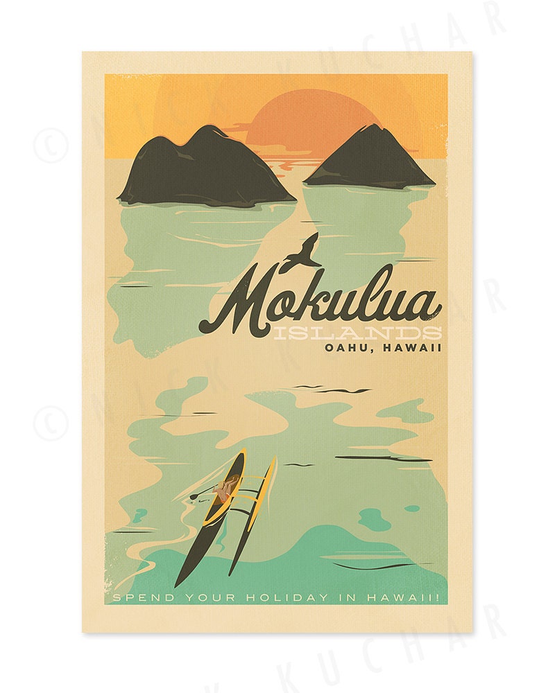 Mokulua Islands, Oahu - 12x18 Retro Hawaii Print