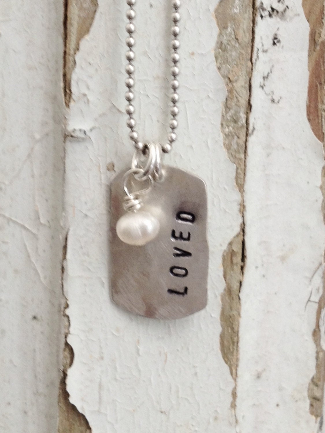 Necklace sterling silver hand stamped LOVED dog tag plus tiny pearl on ball chain -