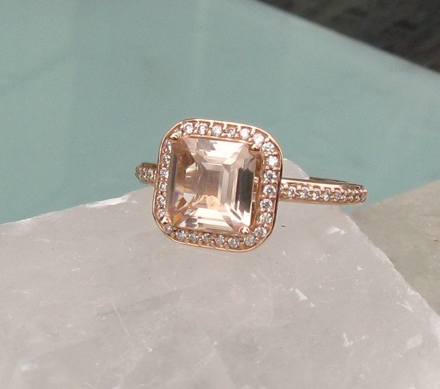 Asscher Cut Peach Morganite 14k Rose Gold Diamond Halo Engagement Ring Weddings Anniversary Bridal Set