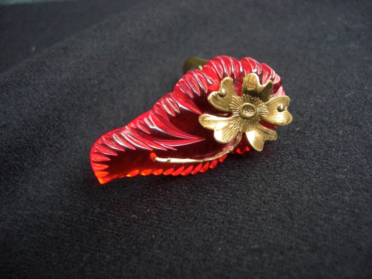 Vintage Red Lucite Clip Carved with Brass Flower