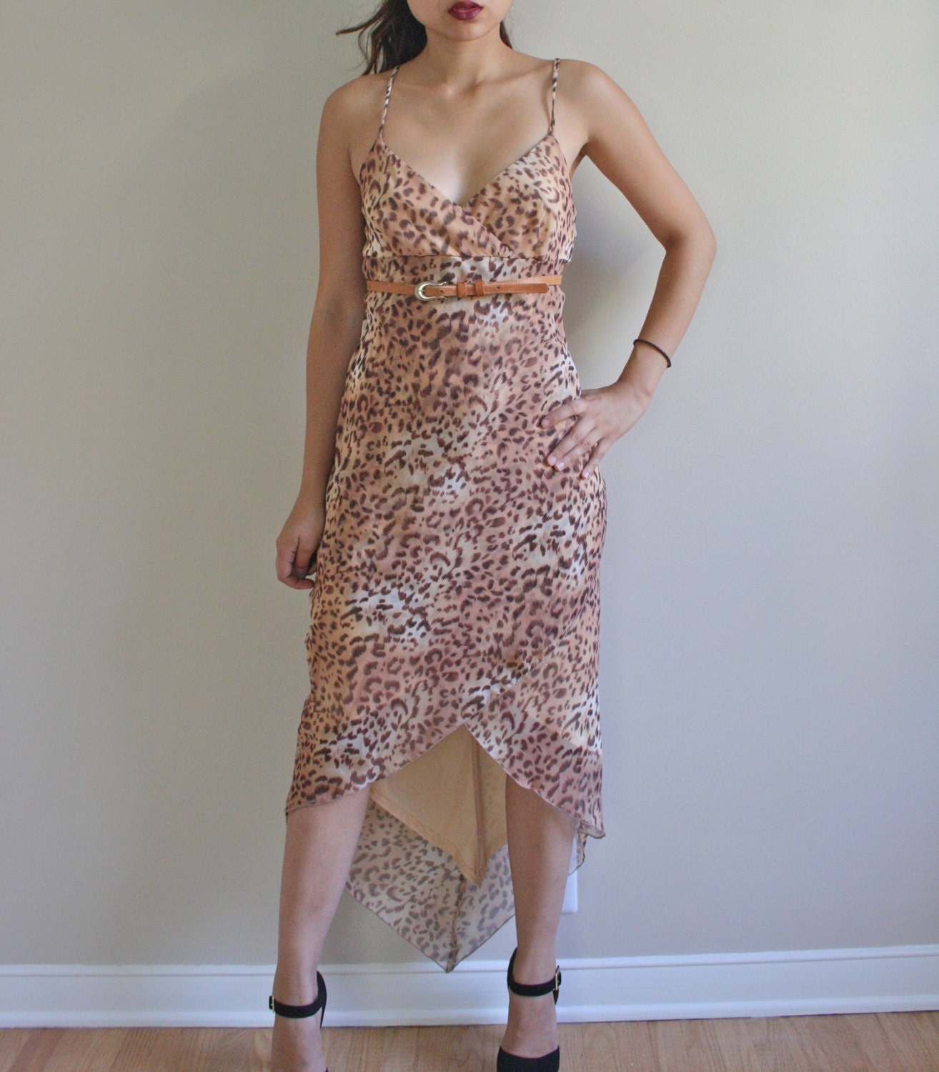 Maxi Long Cheetah SHEER Dress. Vintage Long Animal Print Dress. Date Dress